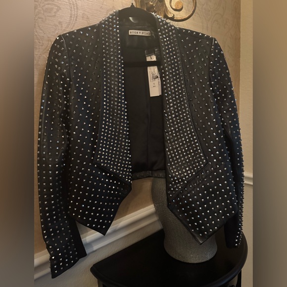 Alice and Olivia “Harvey Silver Studded Black Leather Jacket” - Picture 11 of 12